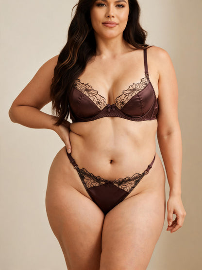 Satin Floral Lace Lingerie Set with Sheer Mesh Elegant Bridal Lace Bra Set