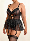 Polka Dot Allure black babydoll and fishnet stockings set — plus size model view