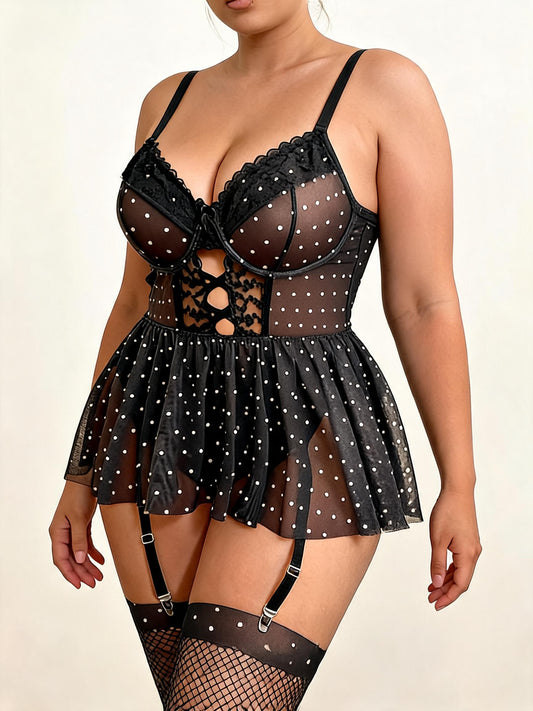 Polka Dot Allure black babydoll and fishnet stockings set — plus size model view