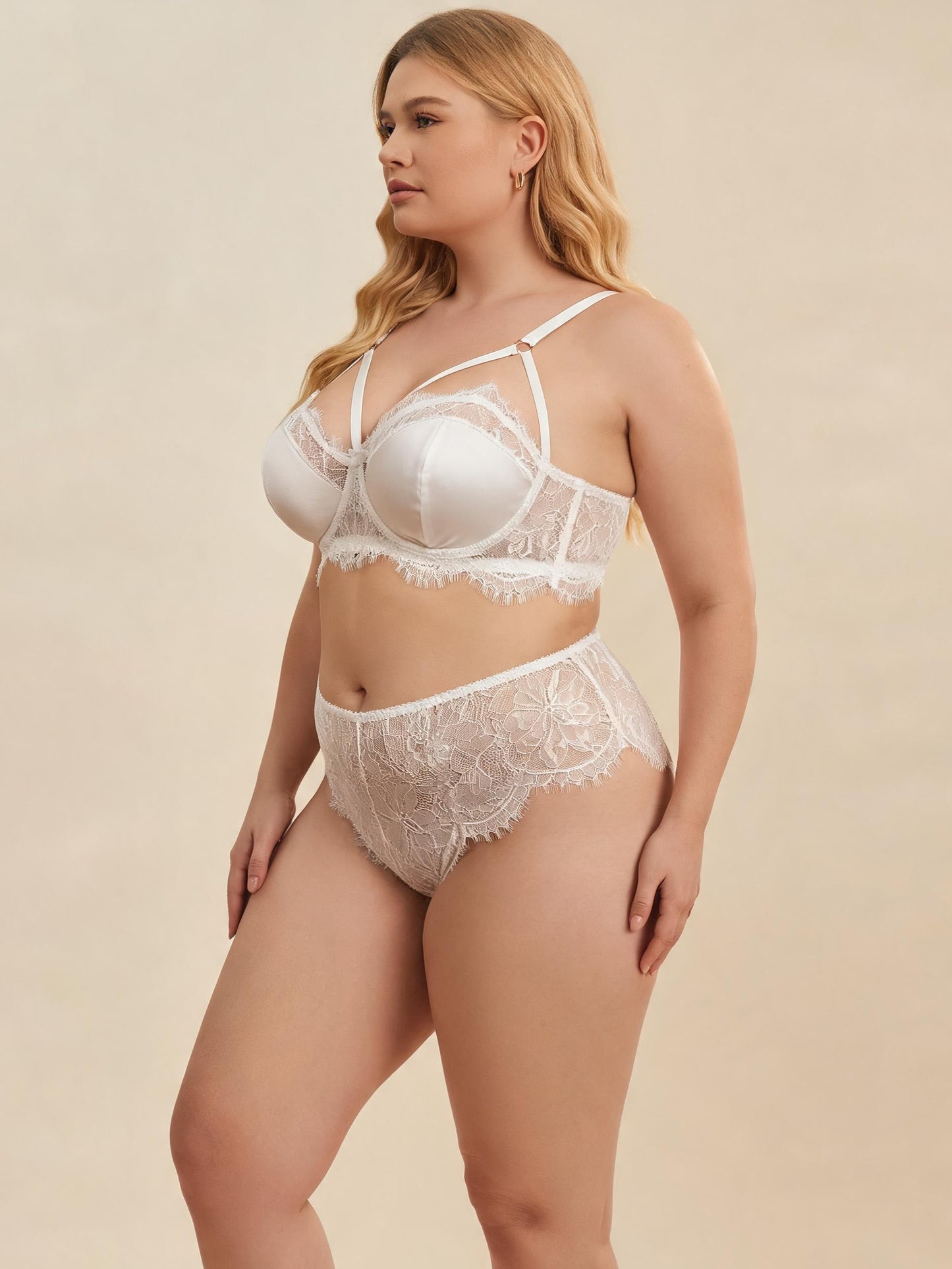 White Eyelash Lace Bralette with Satin Cups & Floral Brief Lingerie Set