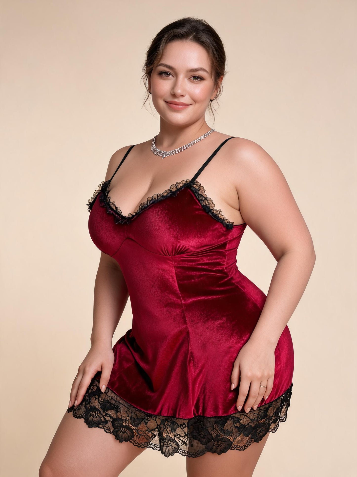 Burgundy Velvet Chemise Nightgown with Black Lace Trim