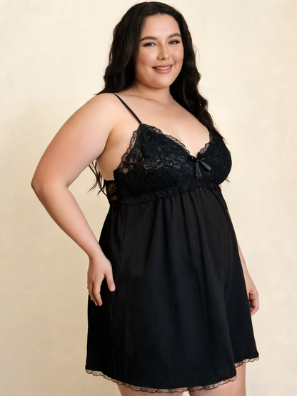 Black Lace Trim Slip Dress with Bow Detail