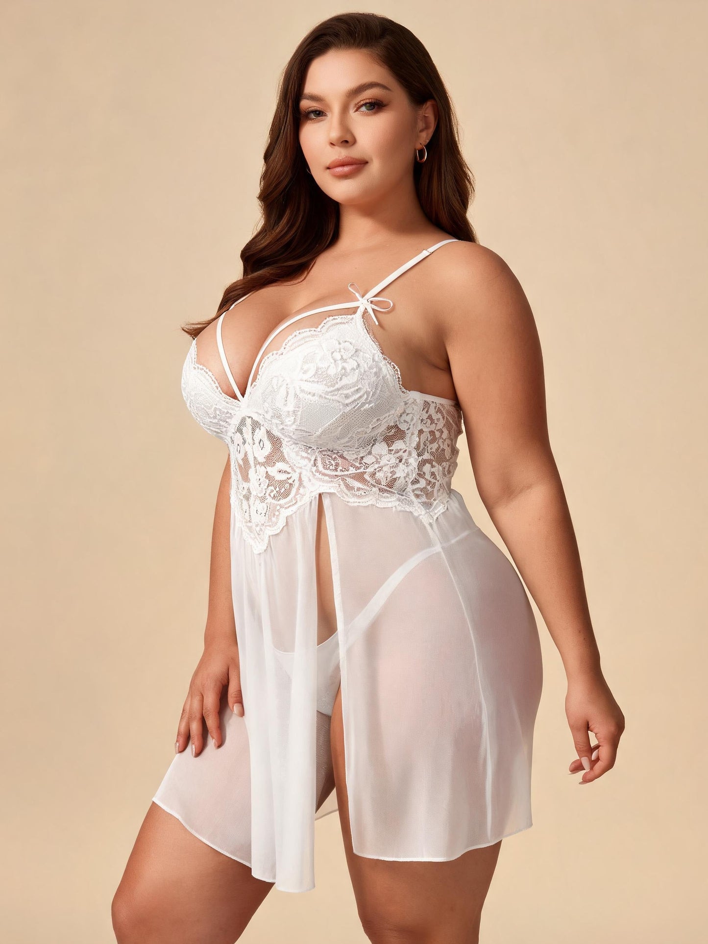 Strappy Front Open Chemise with High Slit Mesh Bridal Lace Babydoll