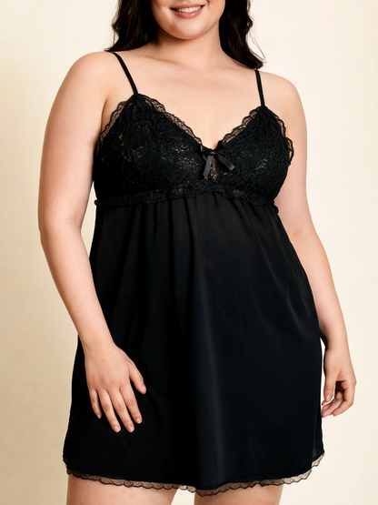 Black Lace Trim Slip Dress with Bow Detail