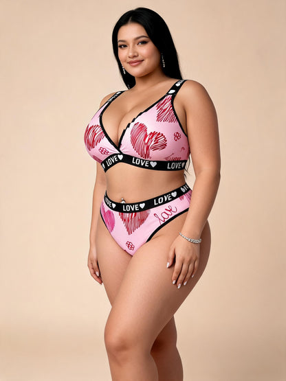 Pink Heart Print Lingerie Set with LOVE Straps