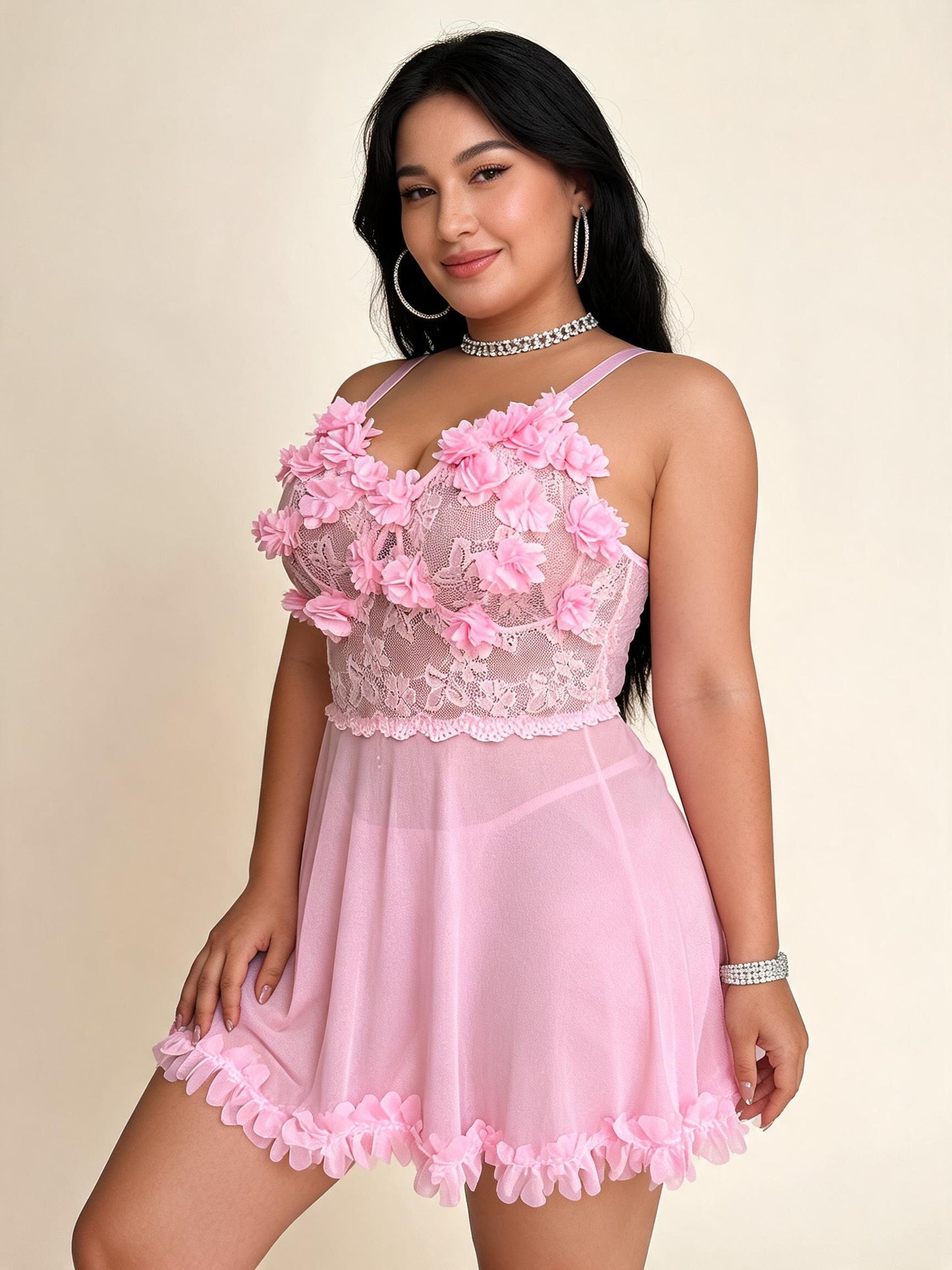 Pink 3D Floral Lace Babydoll with Tulle Skirt