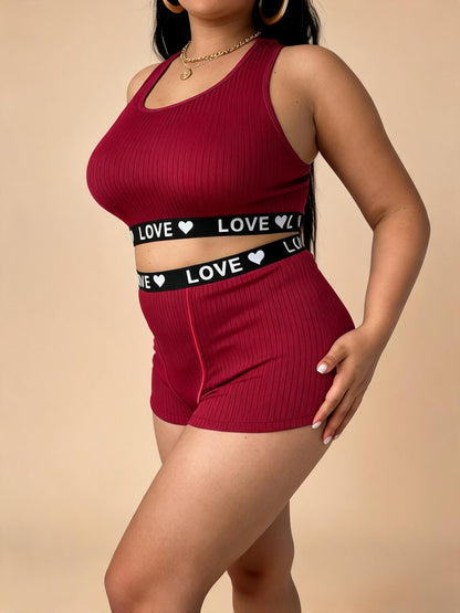 Burgundy Ribbed Crop Top & Shorts Set with “LOVE” Waistband