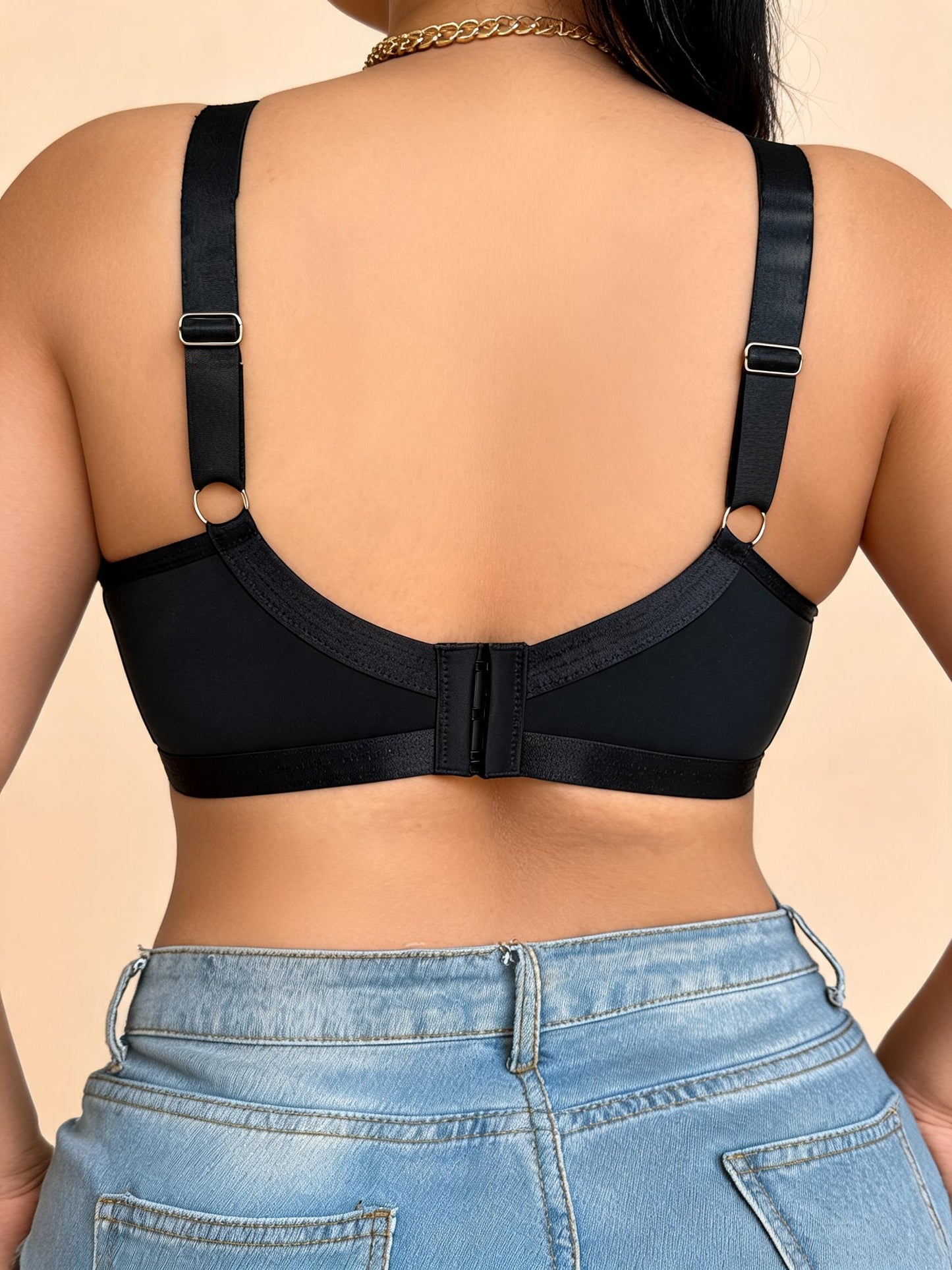 Black Mesh Panel Sports Bra with V-Neck Design