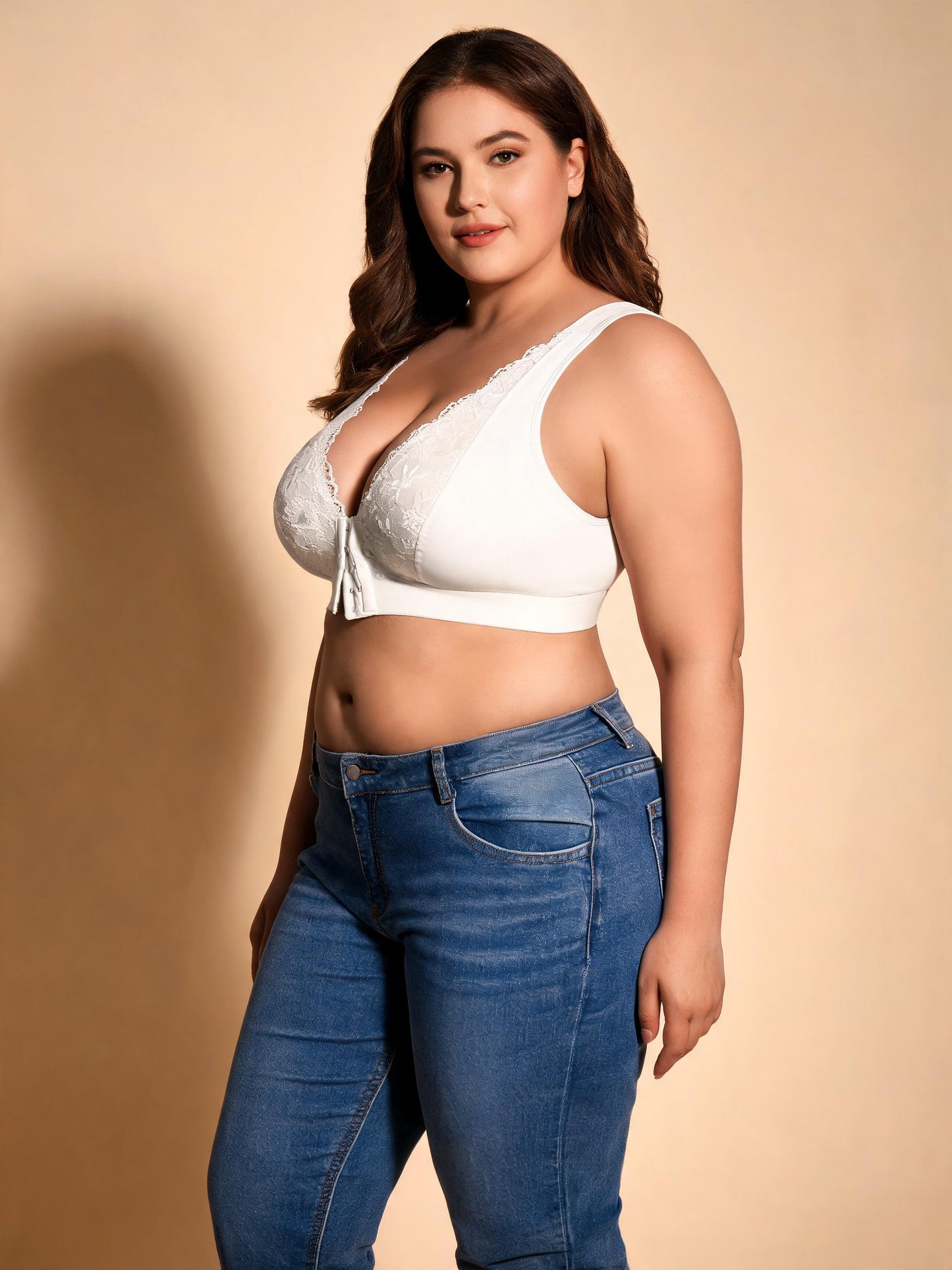 Front Closure Wireless Bra Sexy Lace Trim V-Neck Bralette for Daily Wear