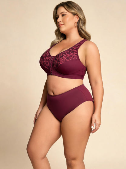 Plus Size Front Clasp Full Coverage Bra & High Waist Brief with Lace