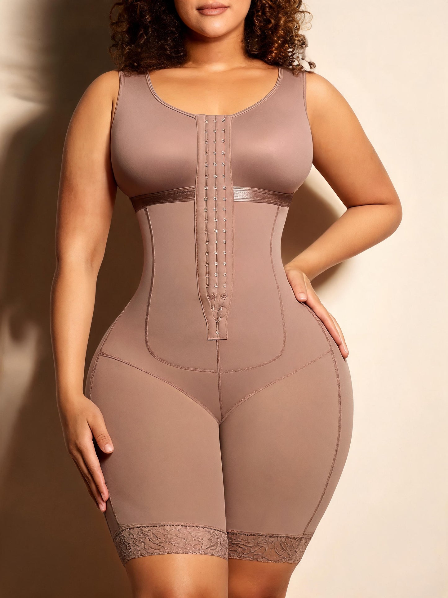 Tummy Tuck Compression Bodysuit with Front Hooks Mid Thigh Shapewear