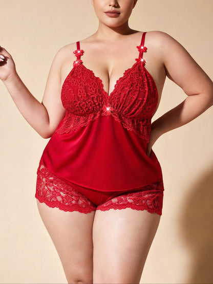 Lace Camisole Top & Shorts Cute Bow Strap Sleepwear Satin Pajama Set