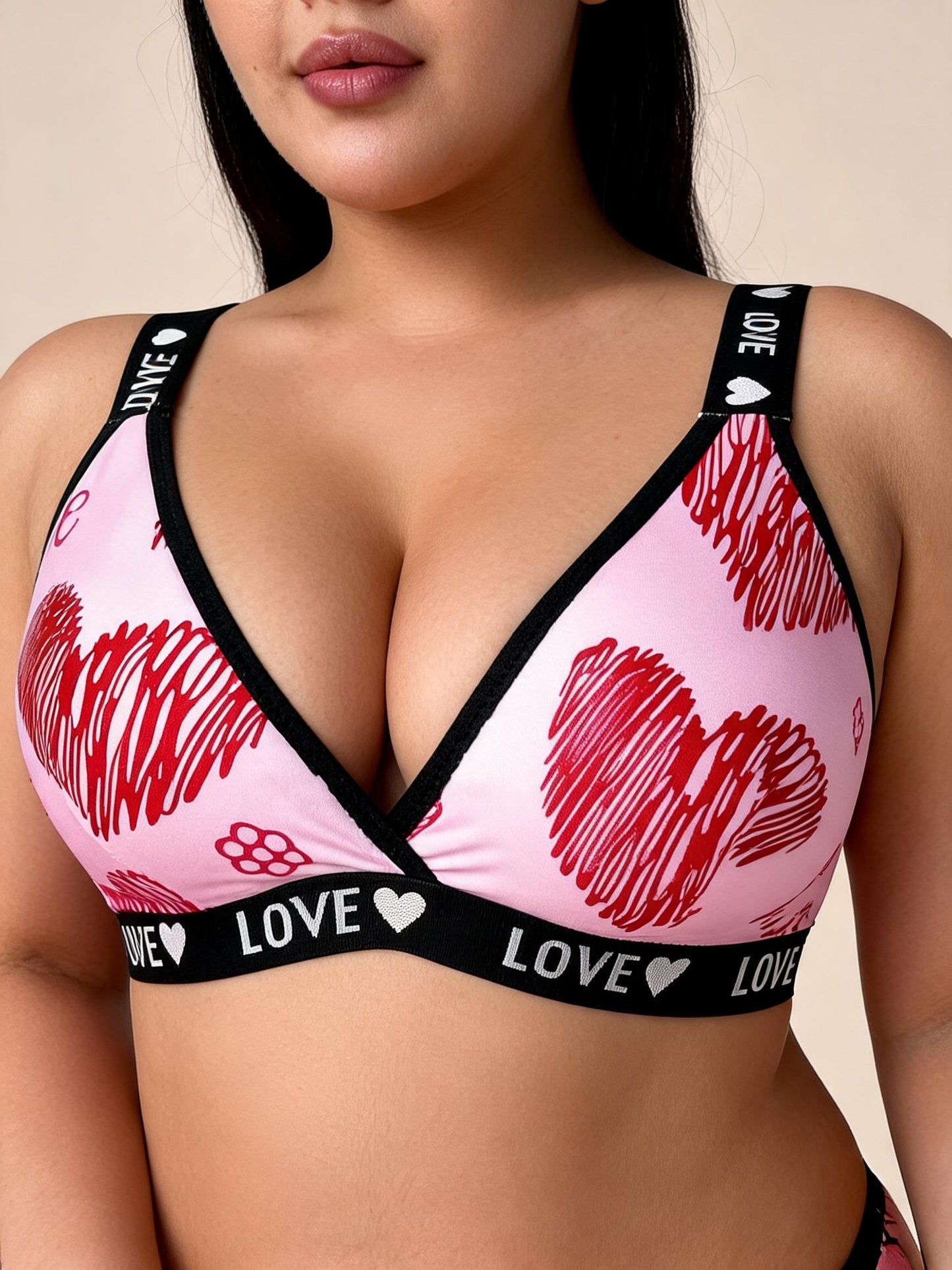 Pink Heart Print Lingerie Set with LOVE Straps
