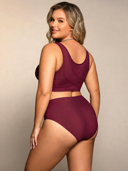 Plus Size Front Clasp Full Coverage Bra & High Waist Brief with Lace