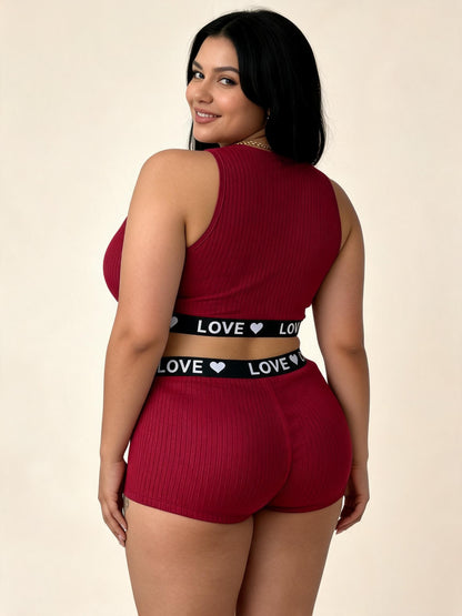Burgundy Ribbed Crop Top & Shorts Set with “LOVE” Waistband