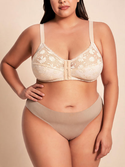 Plus Size Lace Front-Closure Bra & Brief Set