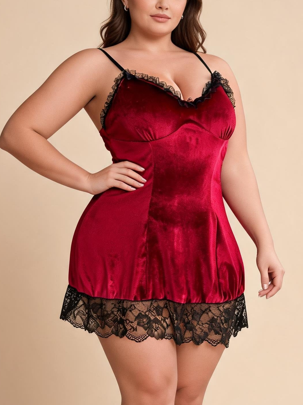 Burgundy Velvet Chemise Nightgown with Black Lace Trim