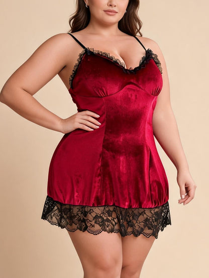 Burgundy Velvet Chemise Nightgown with Black Lace Trim