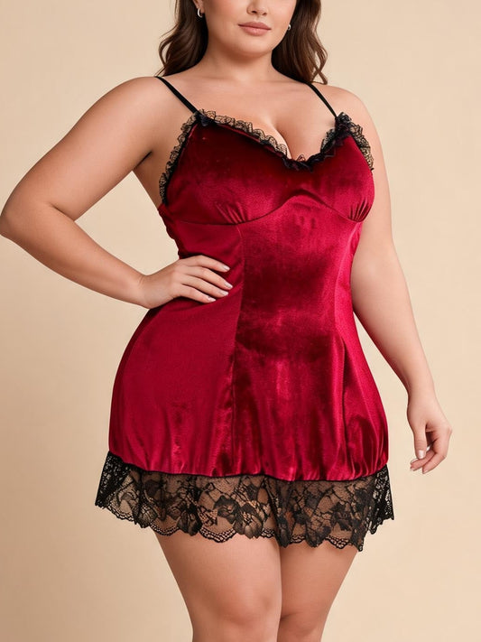 Burgundy Velvet Chemise Nightgown with Black Lace Trim