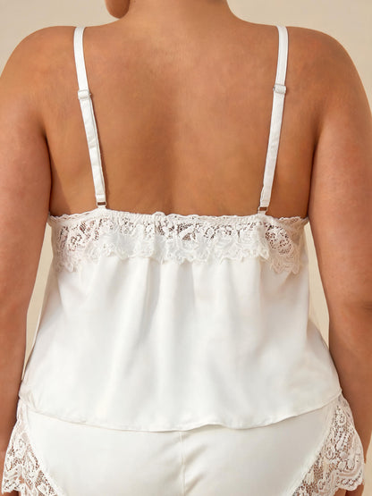 Lace Camisole Top & Shorts Cute Bow Strap Sleepwear Satin Pajama Set