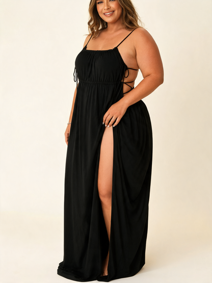 Plus Size Black Satin Slip Dress with Side Ties and High Slit