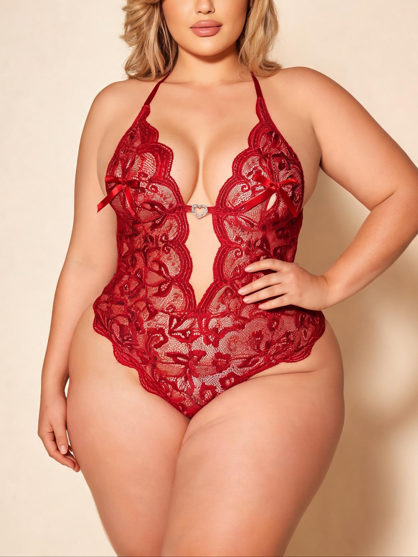 Crotchless Bodysuit with Heart Ring Floral Lace Snap Crotch Boudoir Lace Teddy