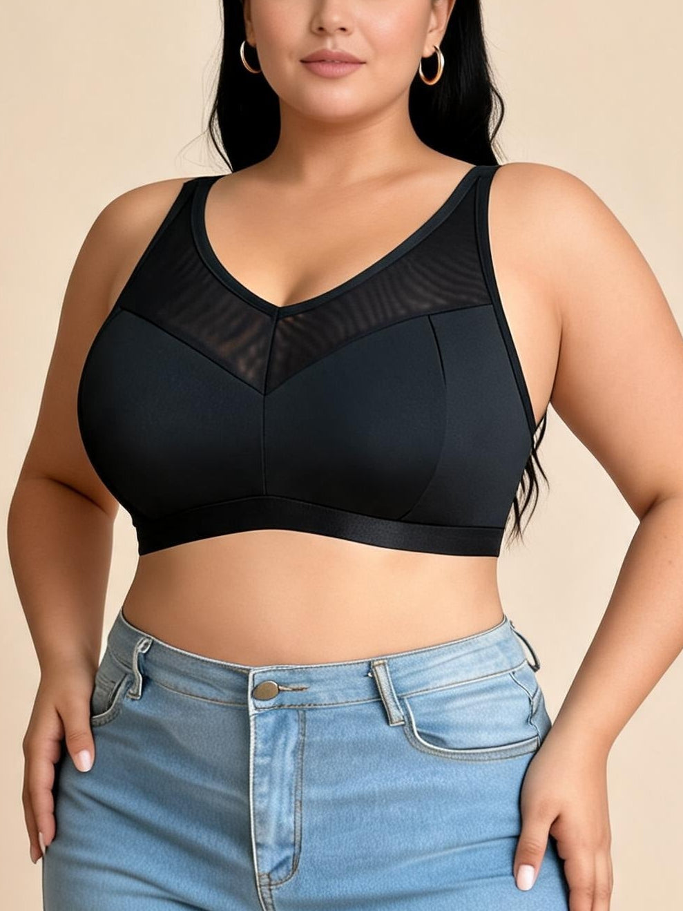 Black Mesh Panel Sports Bra with V-Neck Design