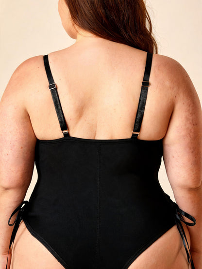 Lace Up Basque with Garter Straps Heart Ring Corset Teddy