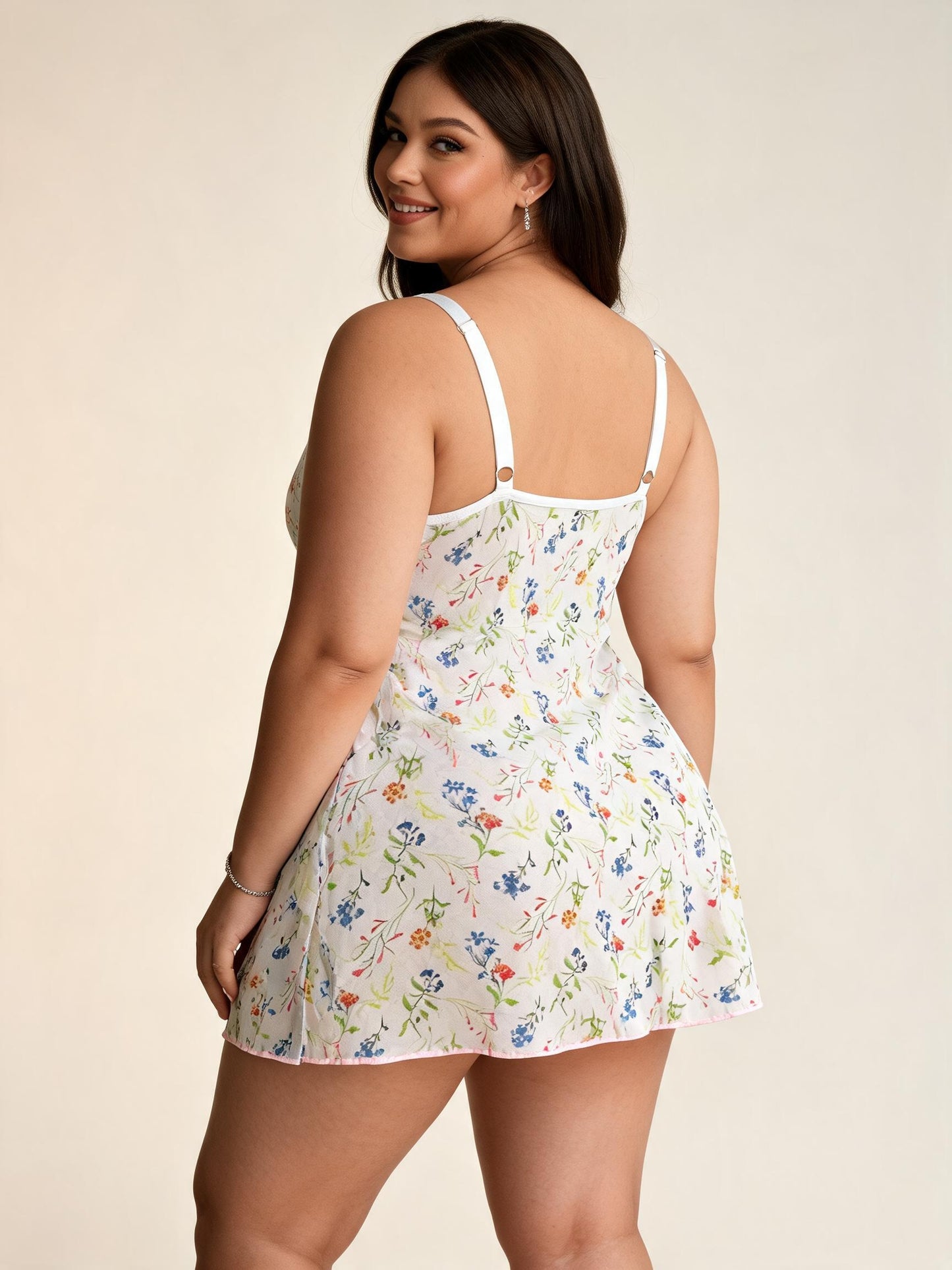 Plus Size White Ditsy Floral Satin Nightgown