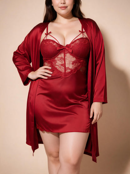 Sexy V-Neck Babydoll Dress with Sheer Mesh Bridal Honeymoon Panel & Robe Set