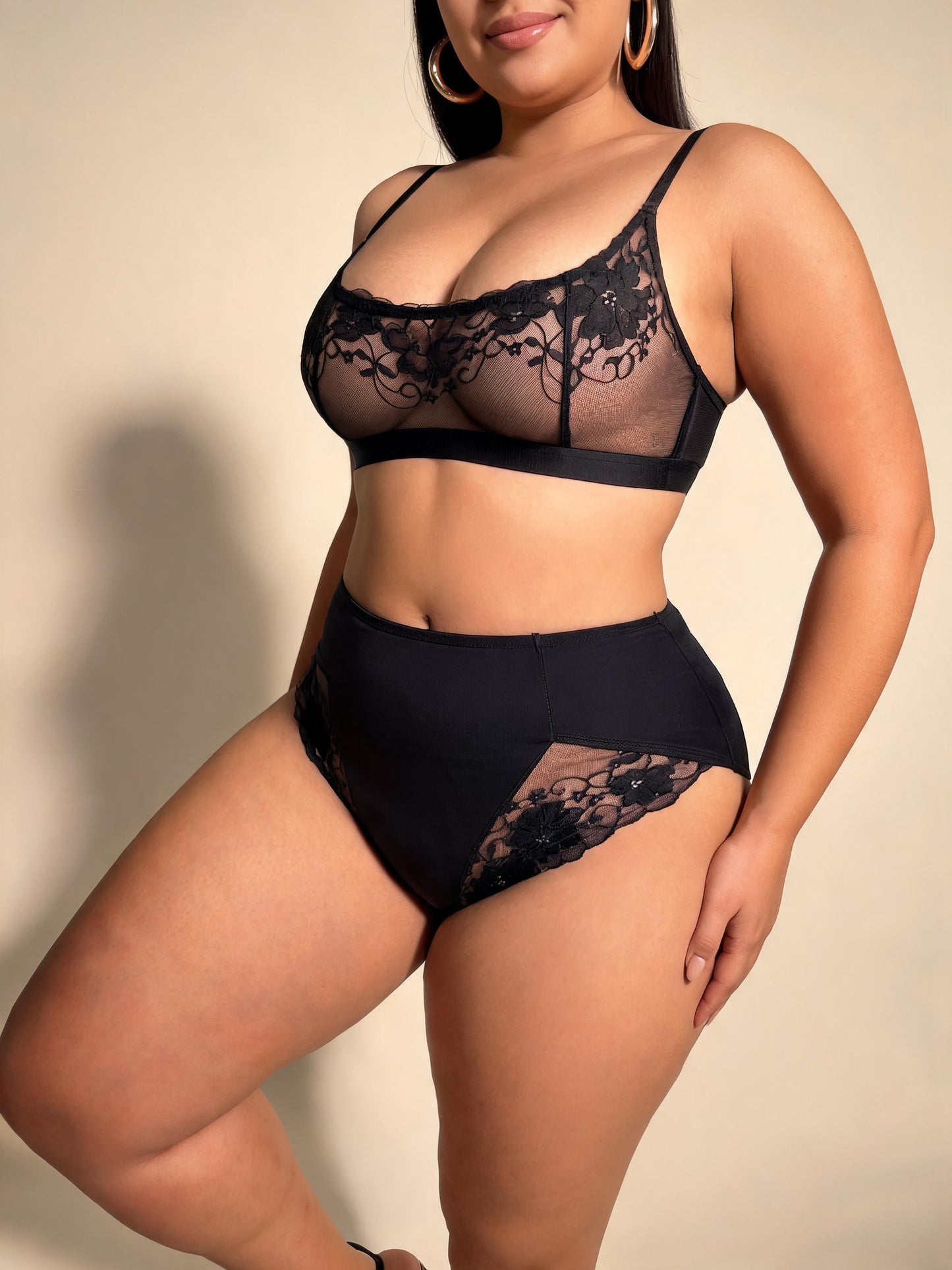 Black Front Clasp Sheer Lace Bra & High Waist Mesh Brief Lingerie Set