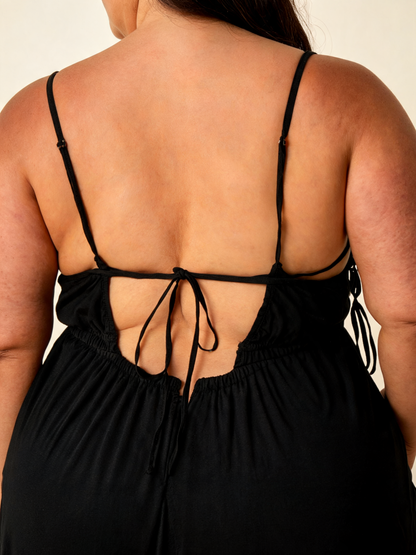 Plus Size Black Satin Slip Dress with Side Ties and High Slit