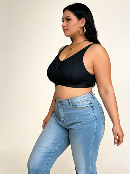 Black Mesh Panel Sports Bra with V-Neck Design