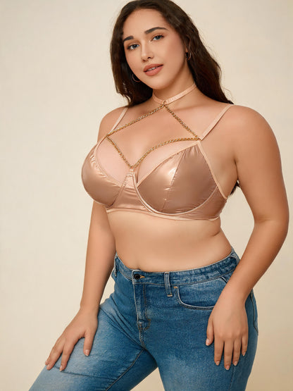 Patent Leather Bra with Chain Harness Metallic Studded Bralette
