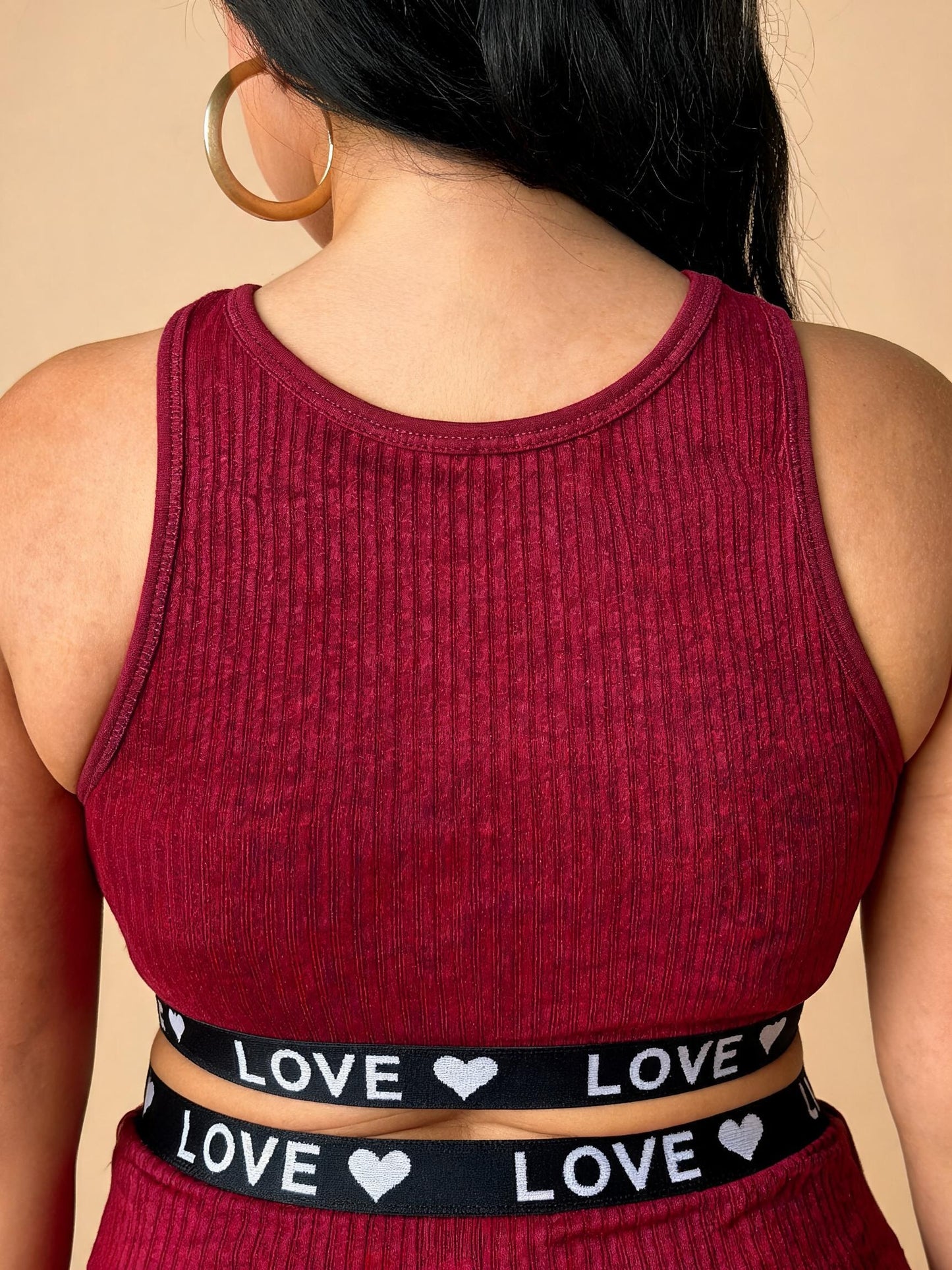 Burgundy Ribbed Crop Top & Shorts Set with “LOVE” Waistband