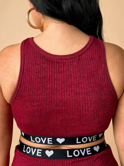 Burgundy Ribbed Crop Top & Shorts Set with “LOVE” Waistband