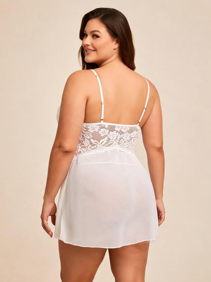 Strappy Front Open Chemise with High Slit Mesh Bridal Lace Babydoll