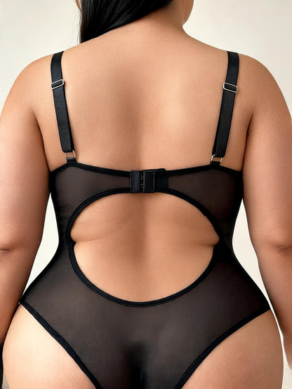 Curve-Loving Black Satin Corset Bodysuit with Lace Trim
