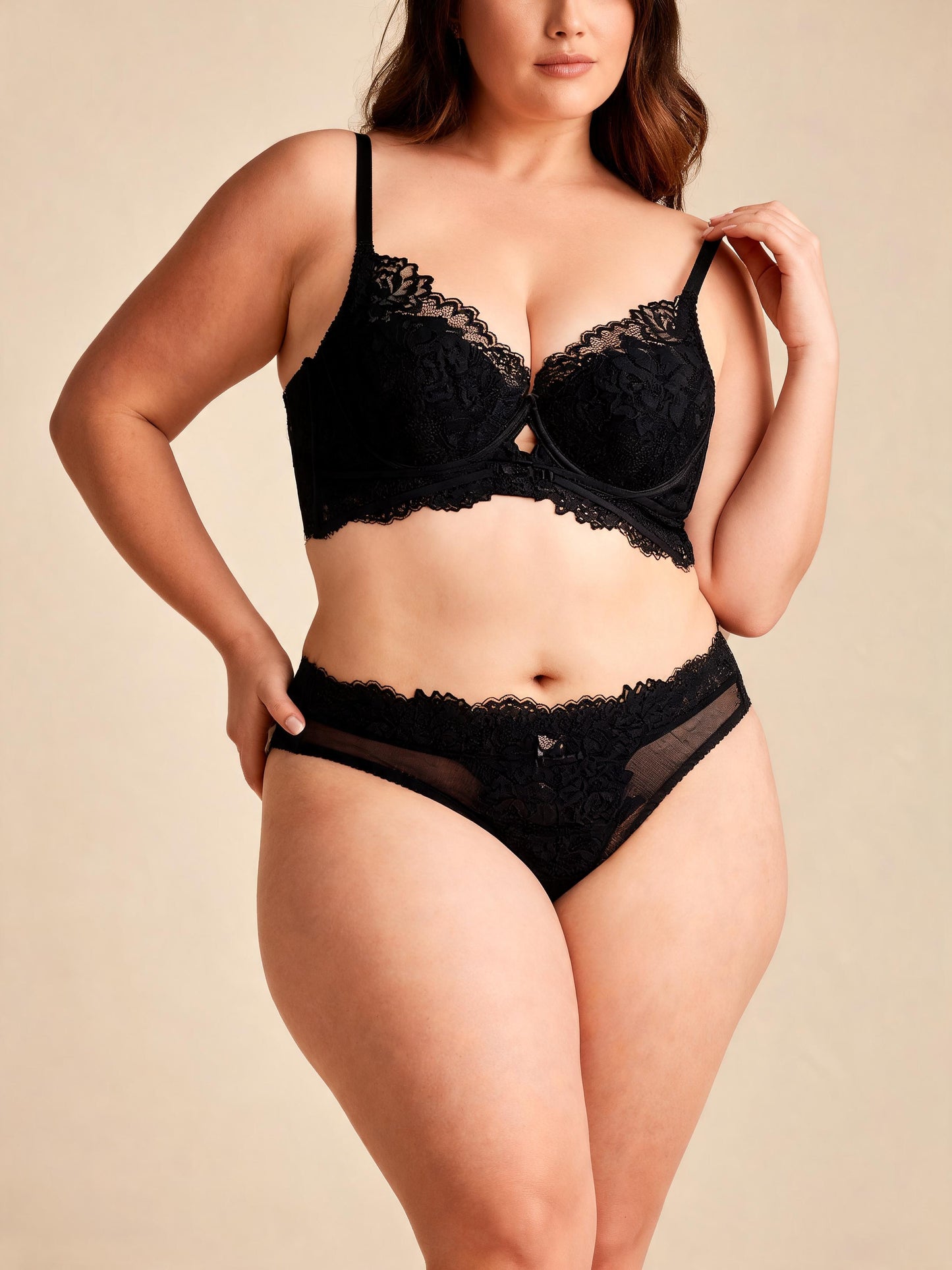 French-Inspired Allover Lace Balconette Bra & Sheer-Trimmed Panty Set