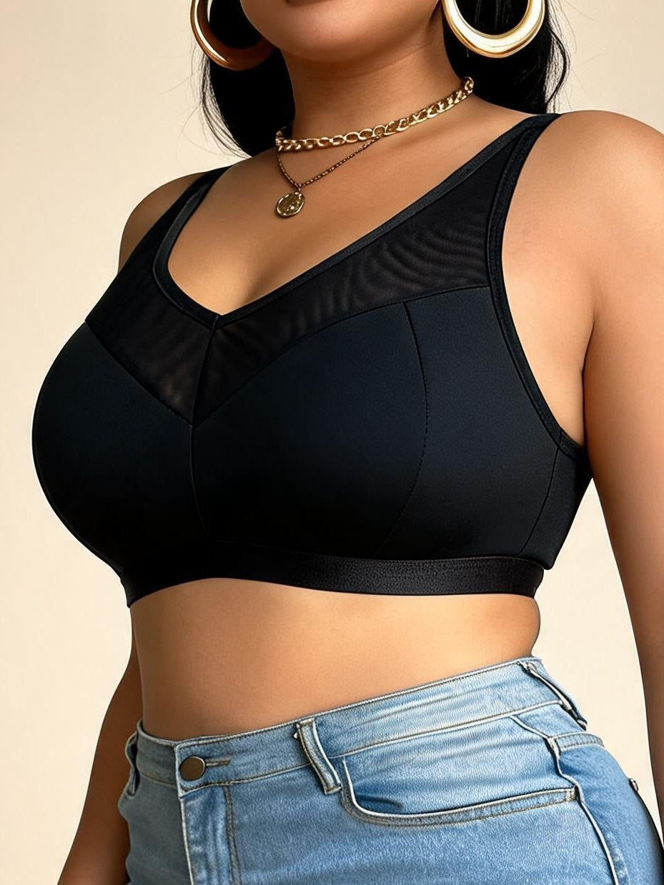 Black Mesh Panel Sports Bra with V-Neck Design