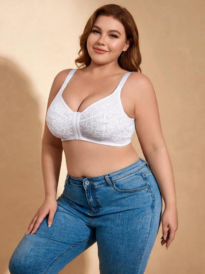 Wireless Full Coverage Bralette White Lace Front Closure Bra