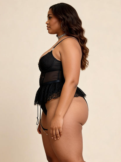 Plus-Size Lace Corset Babydoll with Garter Straps