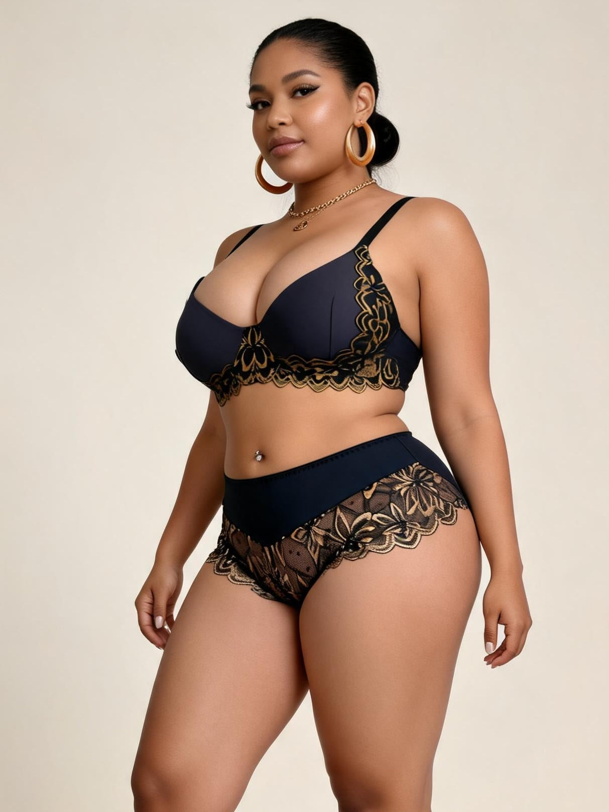 Navy Blue Lace & Satin Lingerie Set