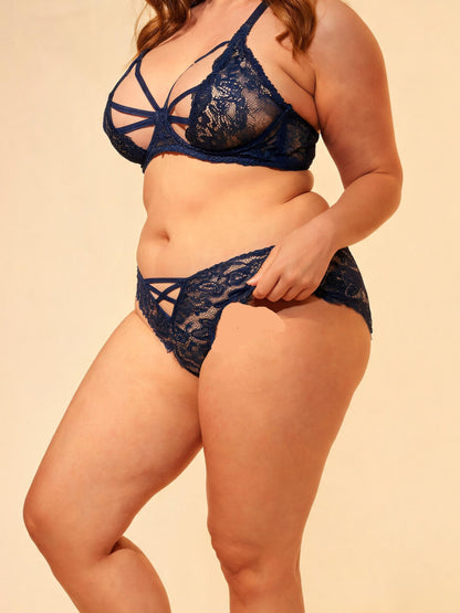 Navy Blue Lace Strappy Bra Set Crisscross Embroidered Bralette and Panty