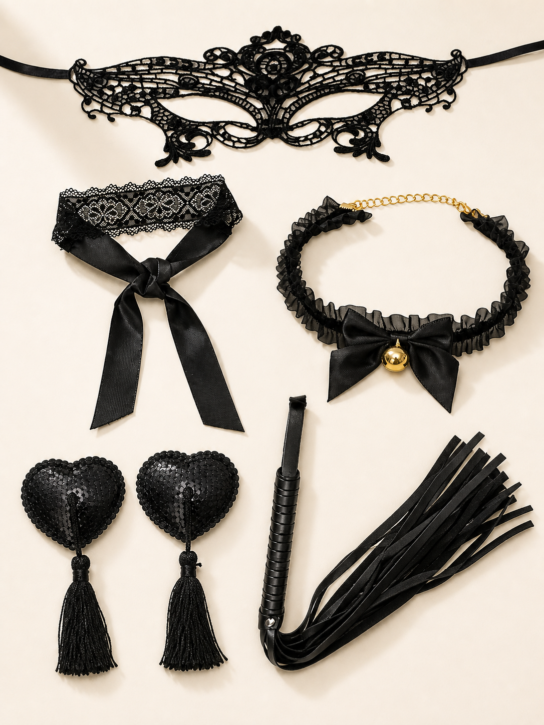 Product-only collage of lace and playroom accessories; no model