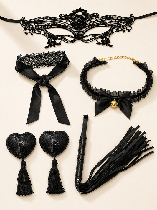 Product-only collage of lace and playroom accessories; no model